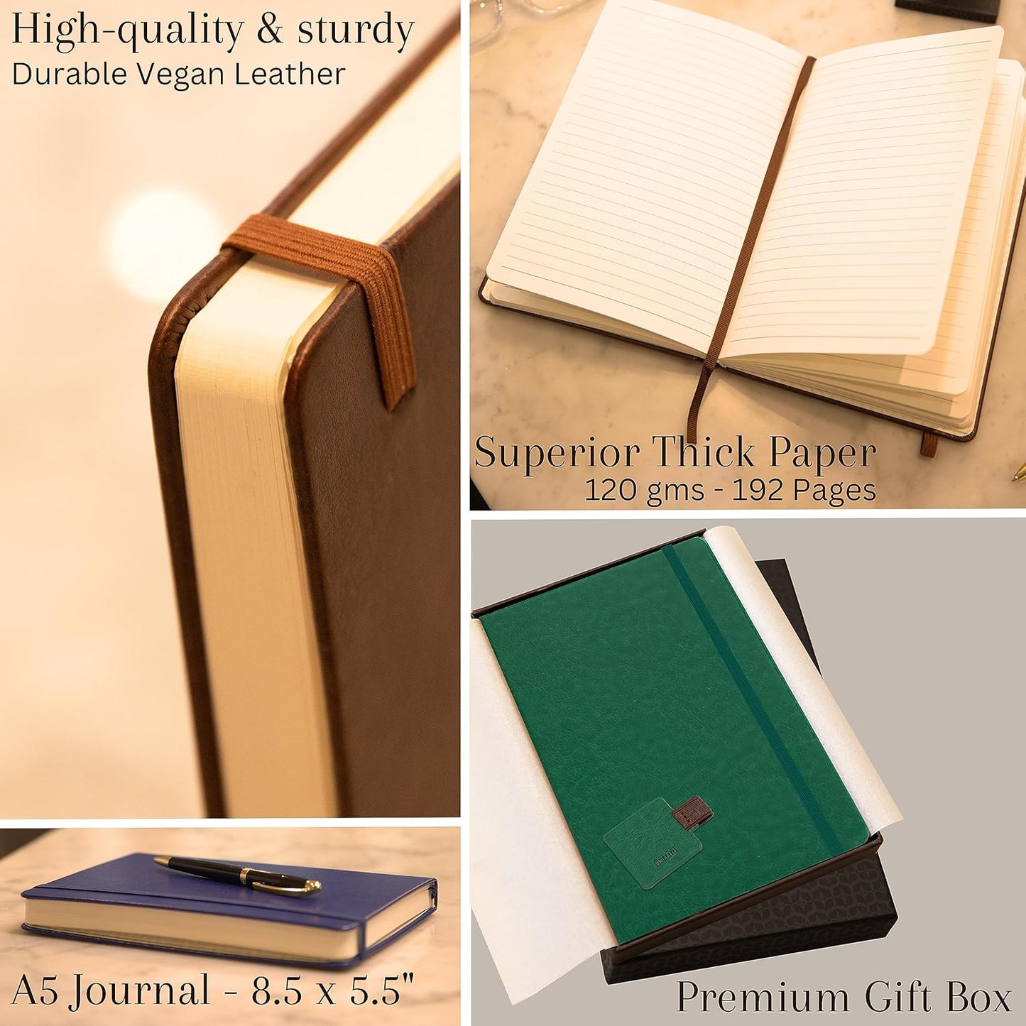 Journal Notebook for Writing, Vegan Leather Hardcover Notebook - Pen loop, Back Pockets & Lay-Flat design, 120 GSM A5 College ruled Bleed free Paper, Gift Set for Men and Women, Mocha Brown