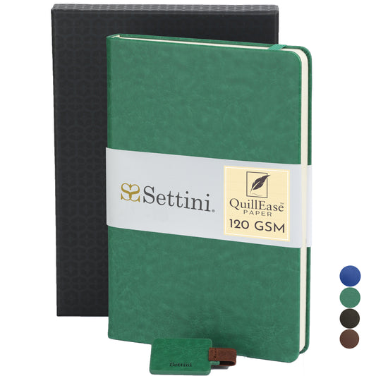 SETTINI® Hardcover Vegan Leather, Thick 120gsm, 192 Pages, Lined Paper | Pen Loop Holder | Gift Box (Emerald Green)