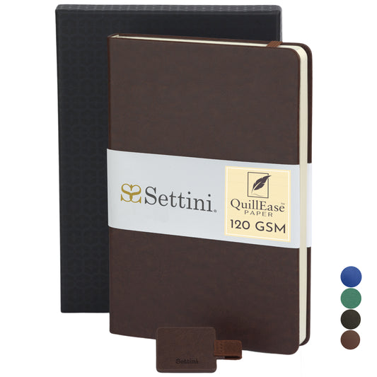 SETTINI® Hardcover Vegan Leather, Thick 120gsm, 192 Pages, Lined Paper | Pen Loop Holder | Gift Box (Mocha Brown)