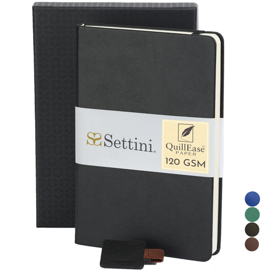 SETTINI® Hardcover Vegan Leather, Thick 120gsm, 192 Pages,Lined Paper | Pen Loop Holder | Gift Box (Onyx Black)