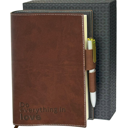 SETTINI® Refillable Journal - Double pen Holder - Luxury Pen - 256 Pages, 100gsm Lined Paper Notebook - Gift Box - Brown - In Love