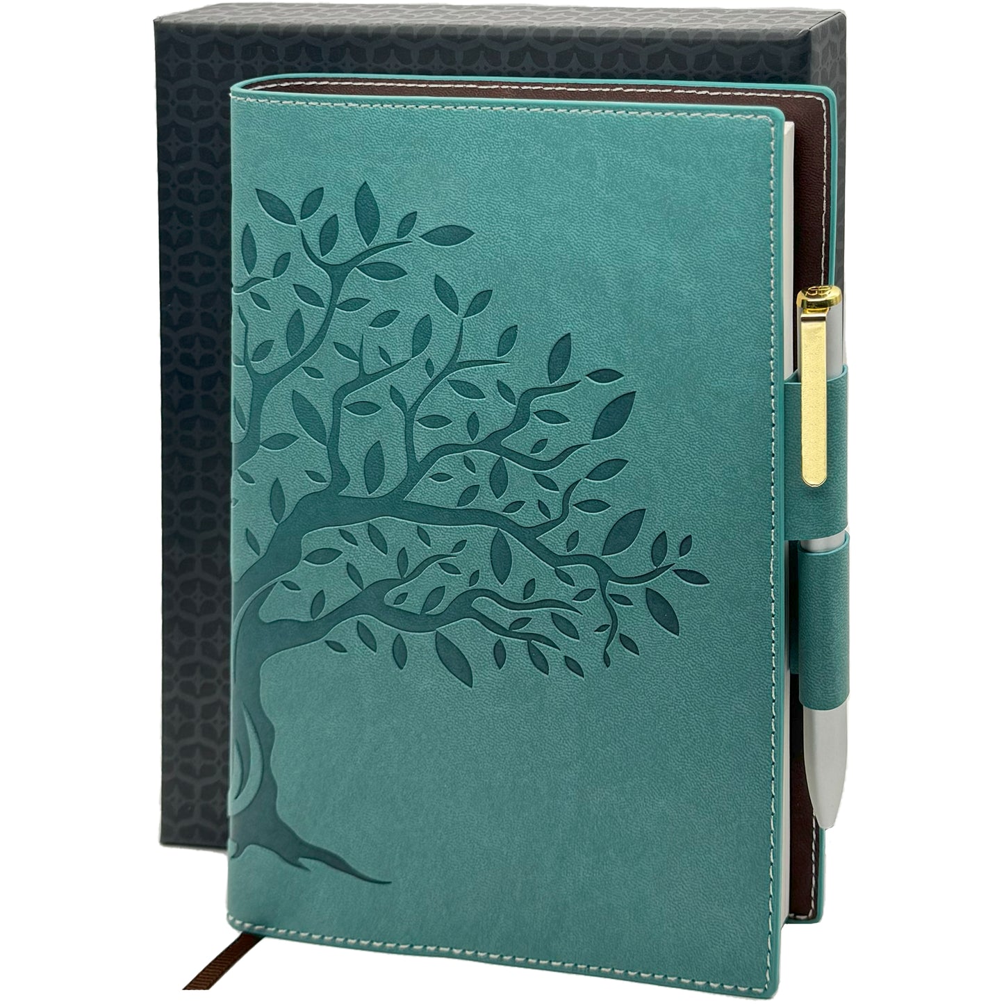 SETTINI® Refillable Journal - Double pen Holder - Luxury Pen - 256 Pages, 100gsm Lined Paper Notebook - Gift Box - Teal - Tree of Life