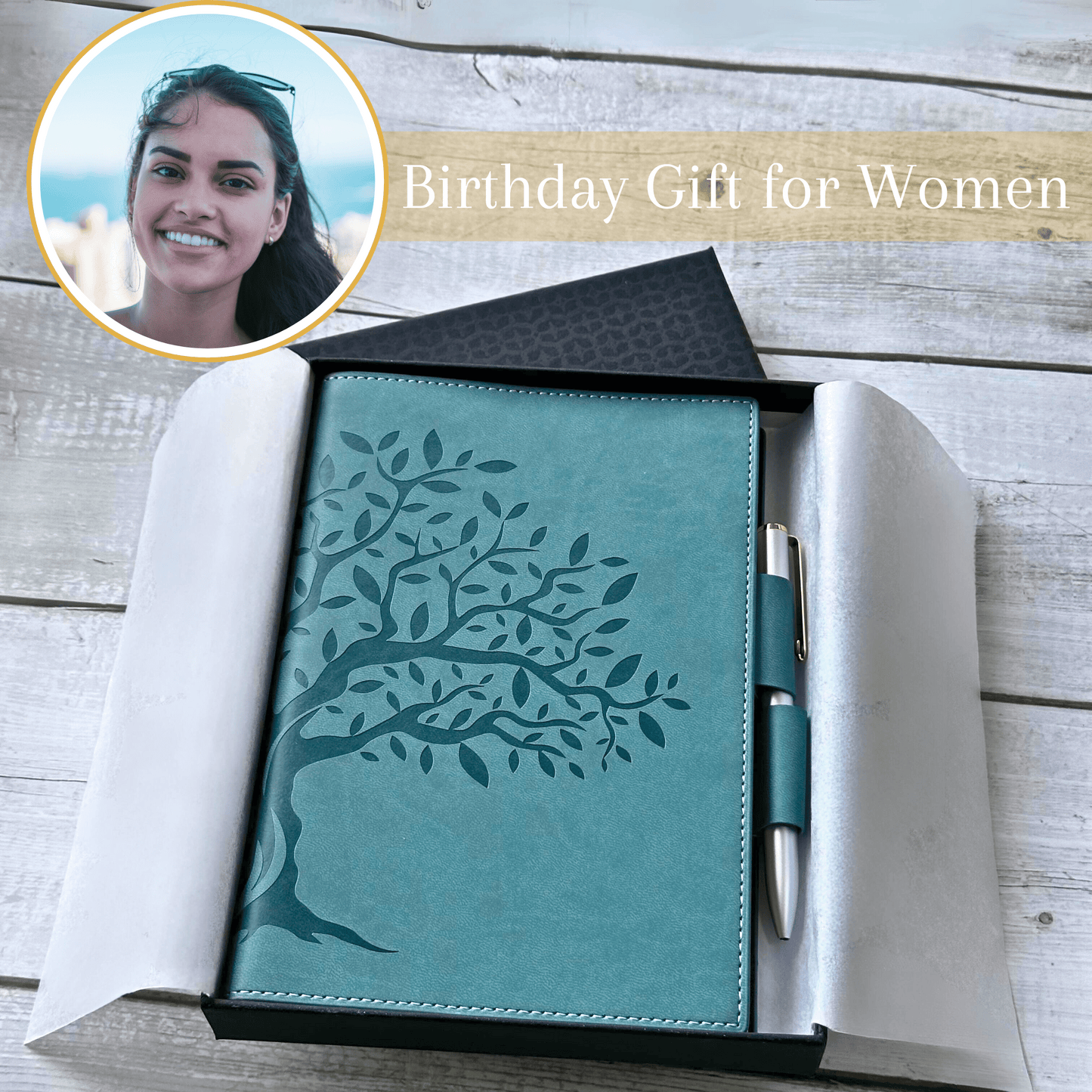 SETTINI® Refillable Journal - Double pen Holder - Luxury Pen - 256 Pages, 100gsm Lined Paper Notebook - Gift Box - Teal - Tree of Life